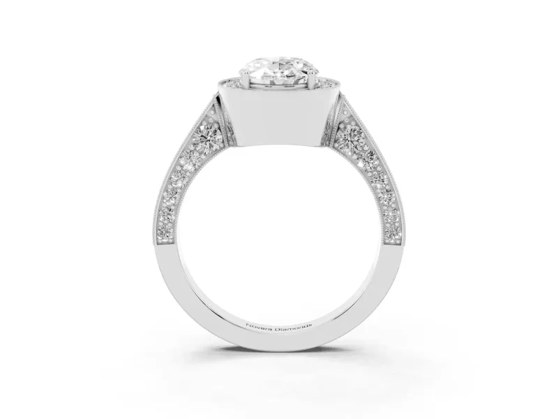 Oval Vintage Milgrain Halo Engagement Ring Setting | Side Stones and Pave | White Gold