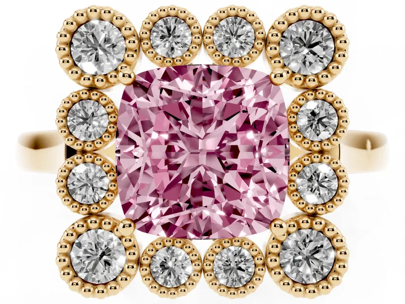Cushion Cut Milgrain Cluster Halo Engagement Ring Setting for a Fancy Pink Lab-Grown Diamond | Plain Band | Yellow Gold