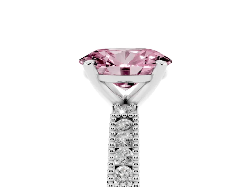 Fancy Pink Oval Cut Diamond Solitaire Ring Set in Platinum with Slim Pavé Band and Prong Setting