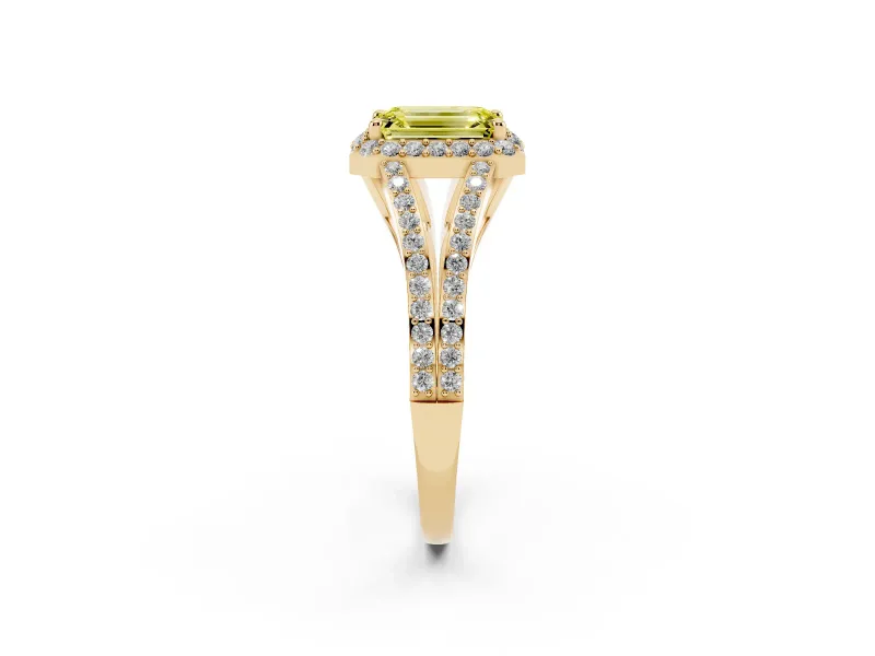 Emerald Cut Halo Engagement Ring Setting for a Fancy Yellow Lab-Grown Diamond | V-Split Pavé Band | Yellow Gold