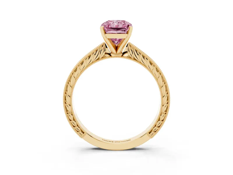 Fancy Pink Radiant Cut Diamond Solitaire Milgrain Engraved Band Set in Yellow gold with Prong Setting