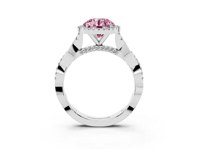Fancy Pink Round Cut Diamond Halo Twist Band Solitaire Ring Set in Silver with Prong Setting