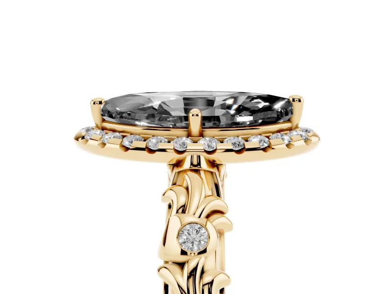 Marquise Leaf Halo Engagement Ring Setting for a Black Center | Bezel Accents | Yellow Gold