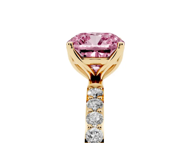 Cushion Cut Pave Solitaire Engagement Ring Setting for a Fancy Pink Lab-Grown Diamond | Slim Band | Yellow Gold