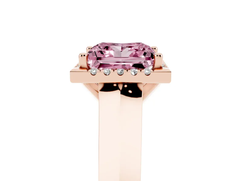 Fancy Pink Princess Cut Diamond Halo Ring Set in Rose gold with Cathedral Band and Prong Setting