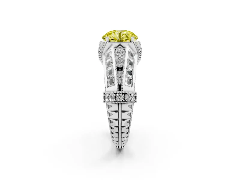 Fancy Yellow Round Cut Diamond Vintage-Inspired Milgrain Ring Set in Platinum with Accent Split Shank