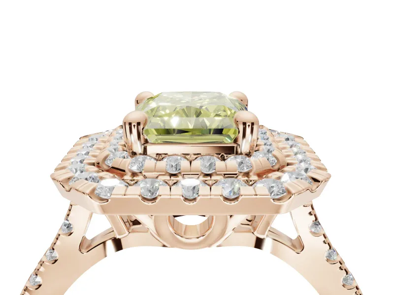 Radiant Cut Double Halo Engagement Ring Setting for a Fancy Yellow Lab-Grown Diamond | Pave Shoulders | Rose Gold