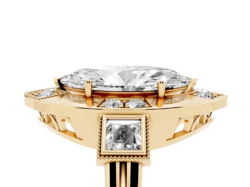 Marquise Milgrain Sectioned Halo Engagement Ring Setting | Square-Framed Sides | Yellow Gold