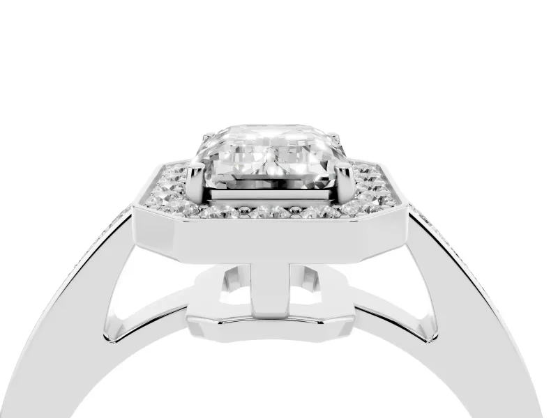 Emerald Cut Diamond Halo Pavé Engagement Ring Set in White gold with Bezel Setting