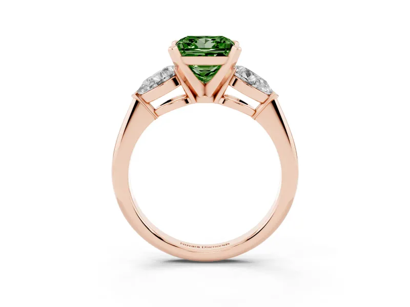 Fancy Green Three-Stone Princess Cut Diamond Ring Set in Rose gold with Pear Side Stones and Prong Setting