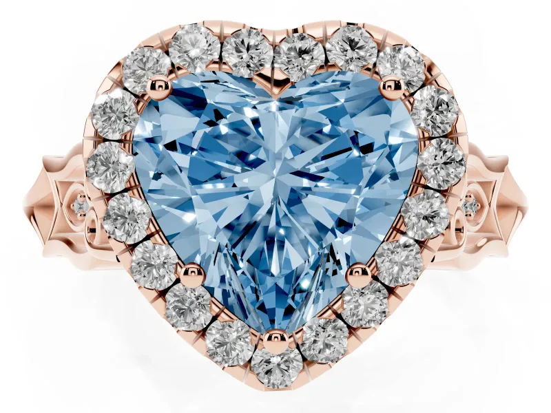 Fancy Blue Heart Cut Diamond Halo Engagement Ring Set in Rose gold with Filigree Band and Prong-Set Center