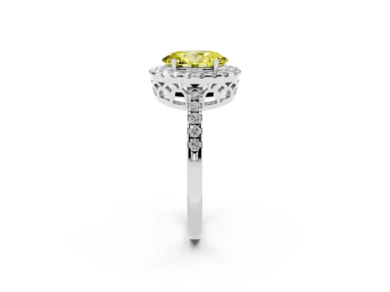 Fancy Yellow Oval Cut Diamond Pavé Band Halo Engagement Ring Set in White gold with Prong Setting