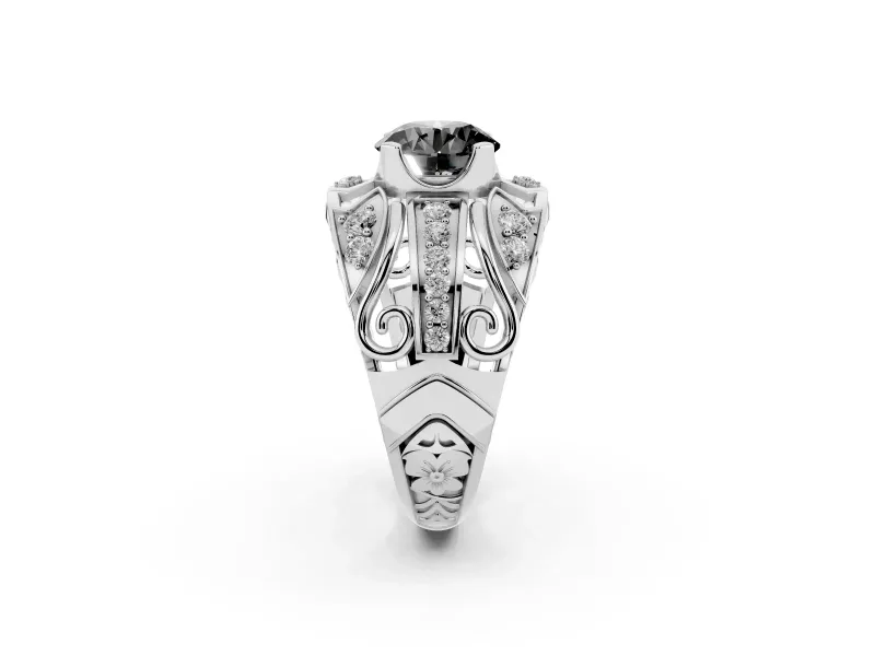 Round Art Deco Graduated Pavé Engagement Ring Setting for a Black Center | Split Shank | White Gold