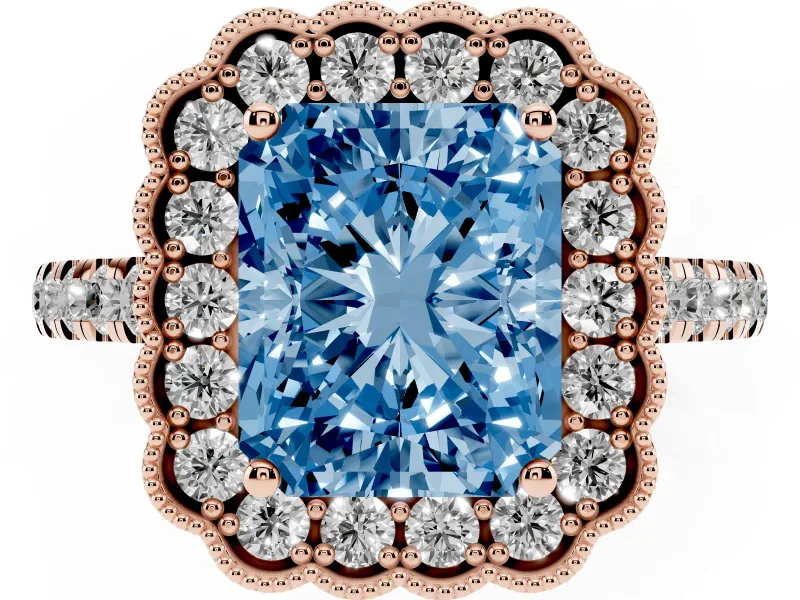 Fancy Blue Radiant Cut Diamond Milgrain Floral Halo Engagement Ring Set in Rose gold with Pavé Band