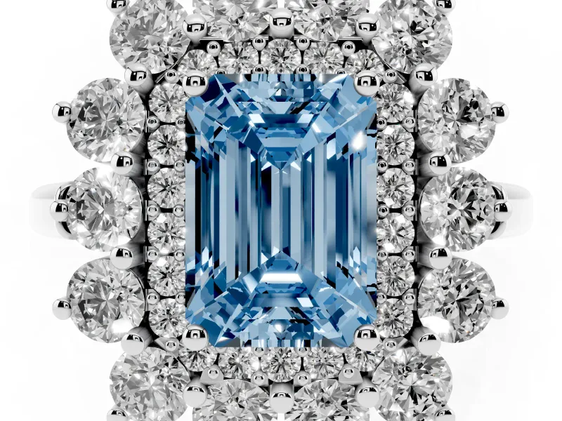 Emerald Cut Floral Double Halo Engagement Ring Setting for a Fancy Blue Lab-Grown Diamond | Plain Band | Sterling Silver