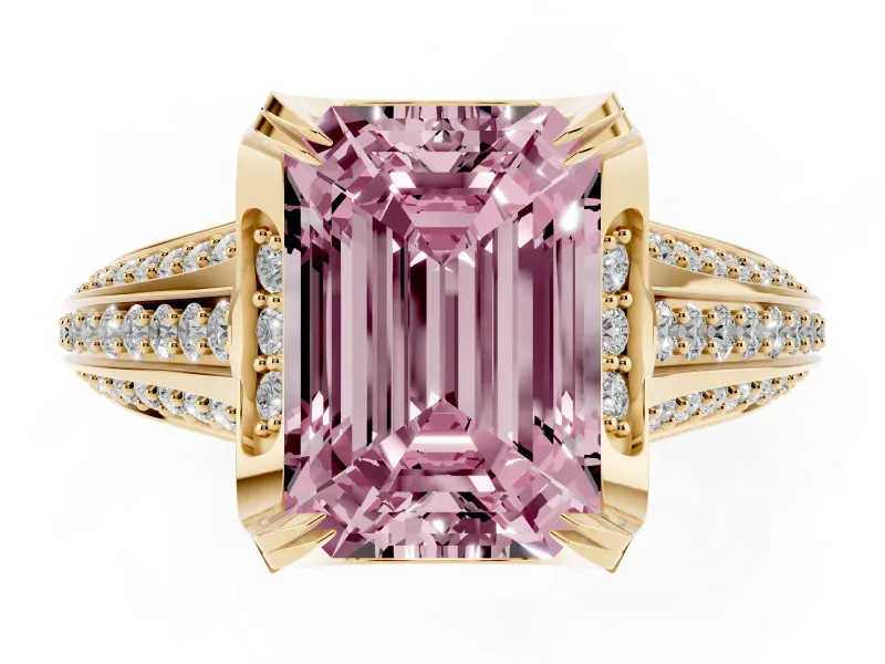 Emerald Cut Hidden Halo Engagement Ring Setting for a Fancy Pink Lab-Grown Diamond | Triple Row Pavé Band | Yellow Gold