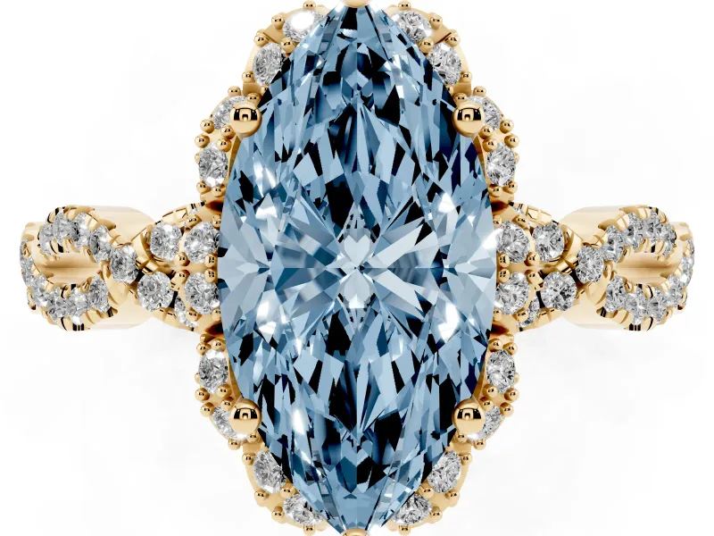 Marquise Milgrain Halo Engagement Ring Setting for a Fancy Blue Lab-Grown Diamond | Graduated Shoulders | Yellow Gold