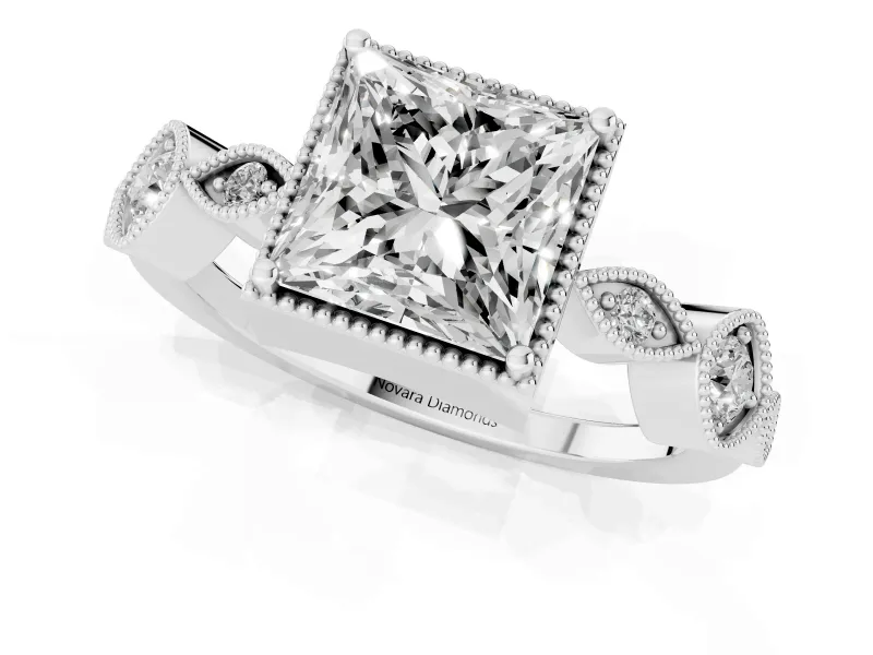 Princess Cut Diamond Vintage-Inspired Milgrain Ring Set in White gold with Marquise Stations of Round Accents