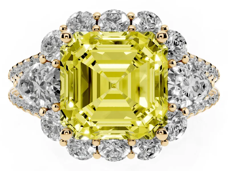 Fancy Yellow Asscher Cut Diamond Halo Split Shank Engagement Ring Set in Yellow gold with Prong-Held Center Stone