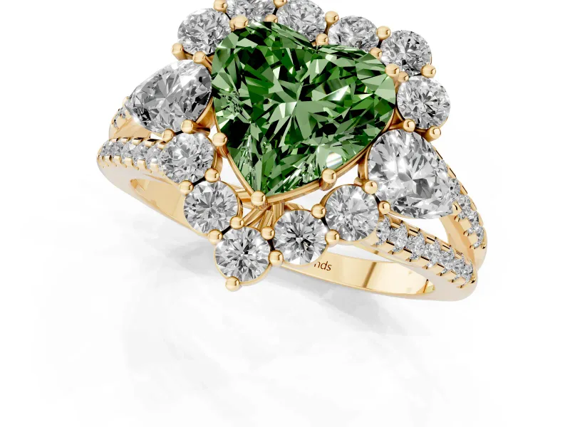Fancy Green Heart Cut Diamond Halo Split Shank Engagement Ring Set in Yellow gold with Prong-Held Center Stone