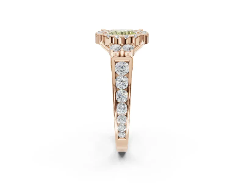Round Halo Engagement Ring Setting for a Fancy Yellow Lab-Grown Diamond | Side Clusters | Rose Gold
