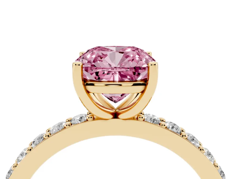Fancy Pink Cushion Cut Diamond Solitaire Set in Yellow gold with Round Pavé Band and Prong Setting