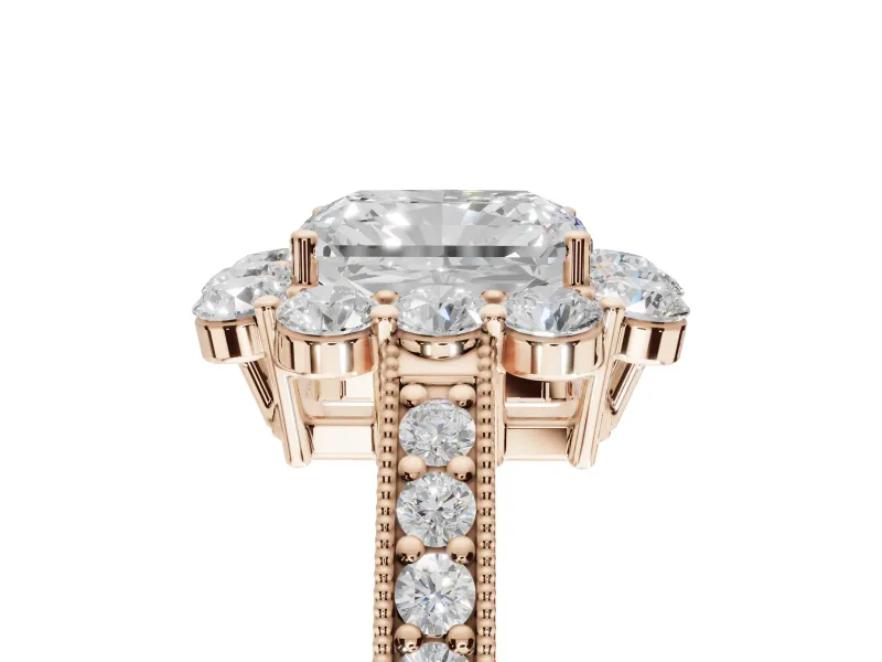 Radiant Cut Vintage Halo Engagement Ring Setting | Milgrain Channel Band | Rose Gold