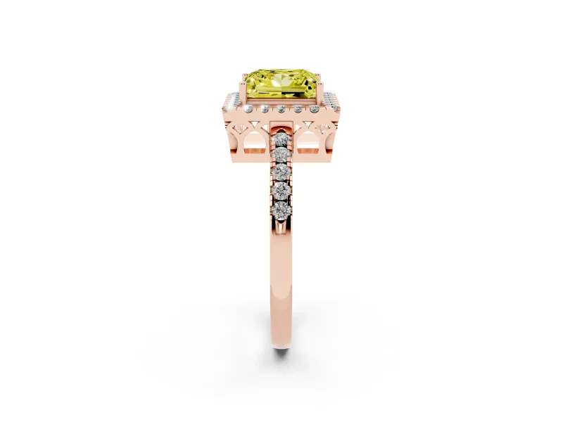 Princess Cut Halo Engagement Ring Setting for a Fancy Yellow Lab-Grown Diamond | Shared Prong Pavé Band | Rose Gold