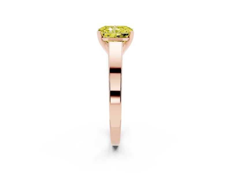 Fancy Yellow Radiant Cut Diamond Solitaire Engagement Ring Set in Rose gold with Prong Setting and Tapered Band