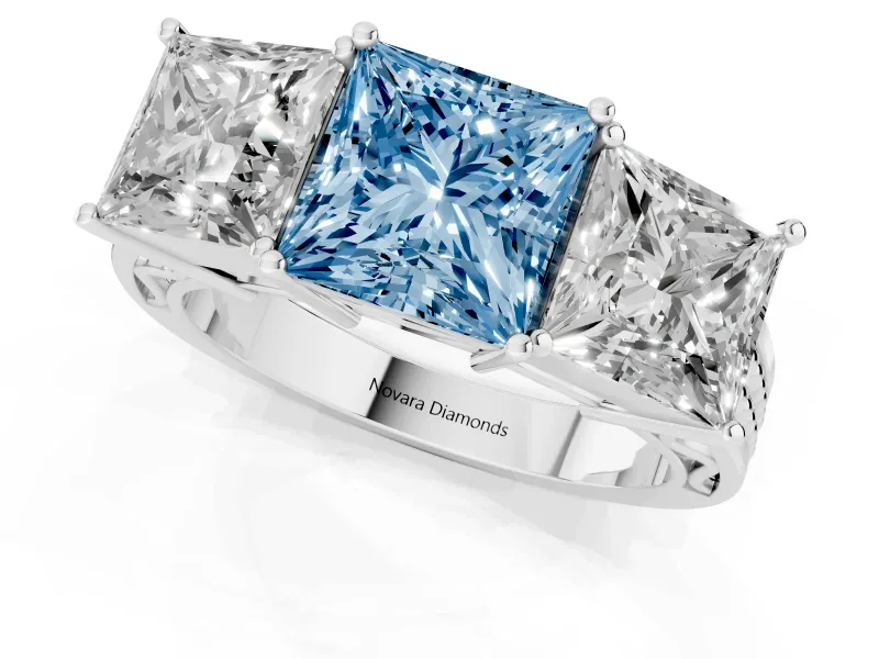 Princess Cut Three Stone Engagement Ring Setting for a Fancy Blue Lab-Grown Diamond | Beaded Shoulders | Platinum