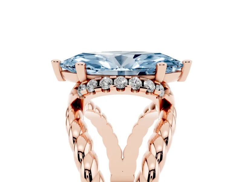 Fancy Blue Marquise Cut Diamond Halo Ring Set in Rose gold with Twisted Band and Prong Setting