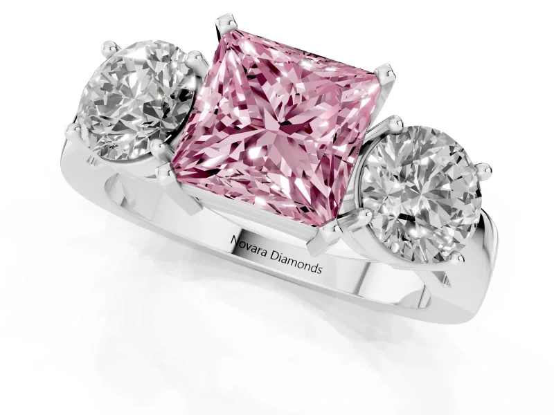 Princess Cut Three Stone Engagement Ring Setting for a Fancy Pink Lab-Grown Diamond | Wide Plain Band | Platinum