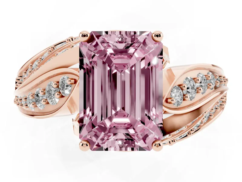 Emerald Cut Bypass Hidden Halo Engagement Ring Setting for a Fancy Pink Lab-Grown Diamond | Graduated Pavé | Rose Gold