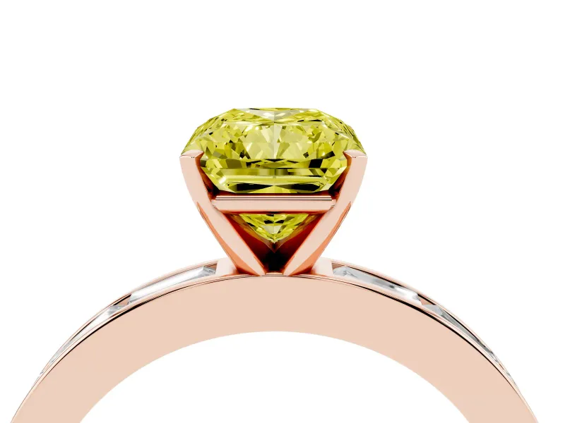 Fancy Yellow Radiant Cut Diamond Solitaire Ring Set in Rose gold with Channel-Set Baguette Band and Prong Setting