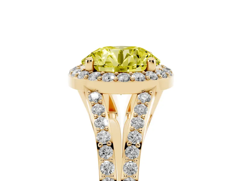 Round Halo Engagement Ring Setting for a Fancy Yellow Lab-Grown Diamond | Pave Split Shank | Yellow Gold