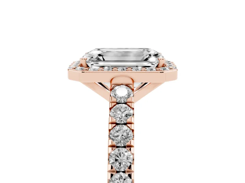 Emerald Cut Halo Pavé Engagement Ring Setting | Single Row Shoulders | Rose Gold