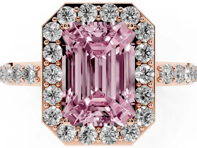 Fancy Pink Emerald Cut Diamond Halo Ring Set in Rose gold with Pavé-Setting Band and Open Prong Center