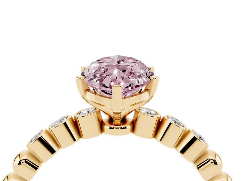 Fancy Pink Marquise Cut Diamond Solitaire Engagement Ring Set in Yellow gold with Bezel Accents on Beaded Band