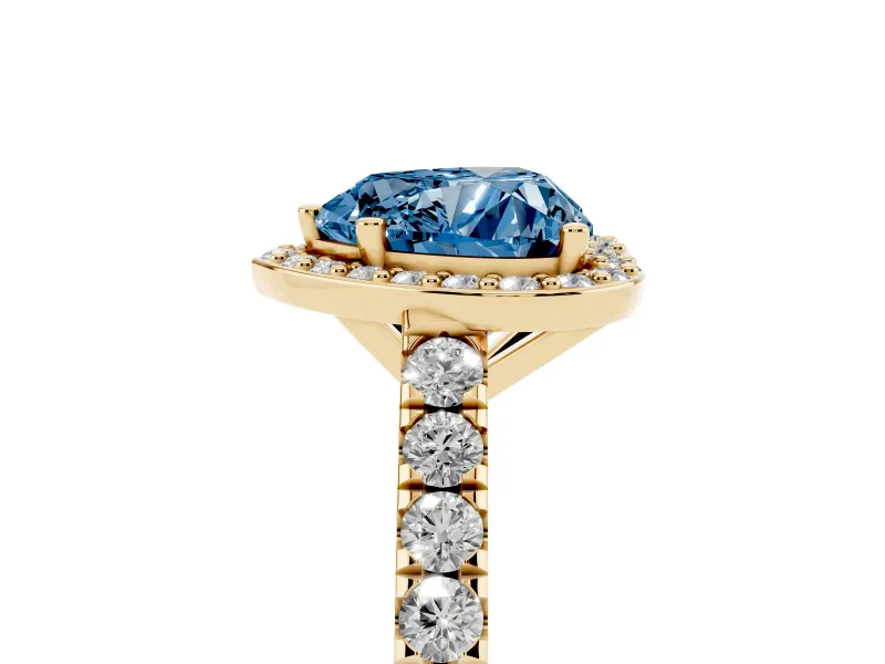 Heart-Shaped Halo Pavé Engagement Ring Setting for a Fancy Blue Lab-Grown Diamond | Yellow Gold