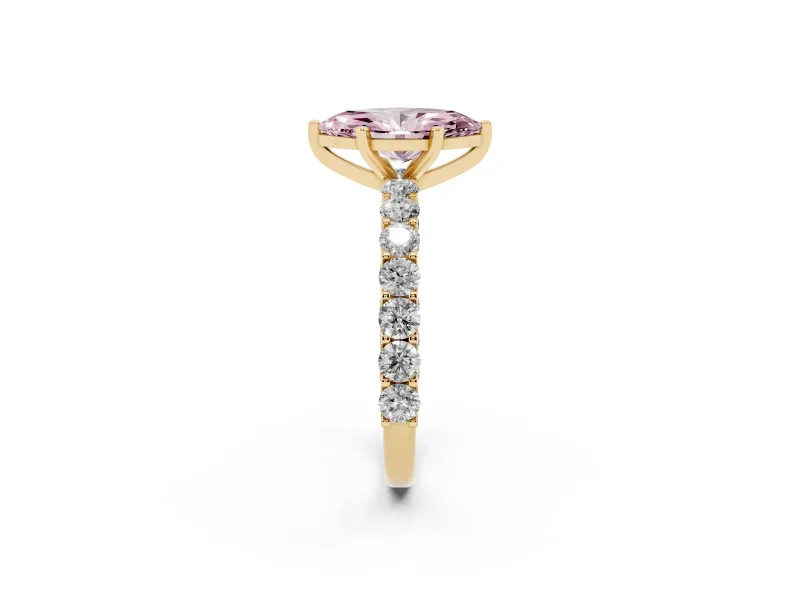 Fancy Pink Marquise Cut Diamond Solitaire Ring Set in Yellow gold with Shared Prong Pavé Band