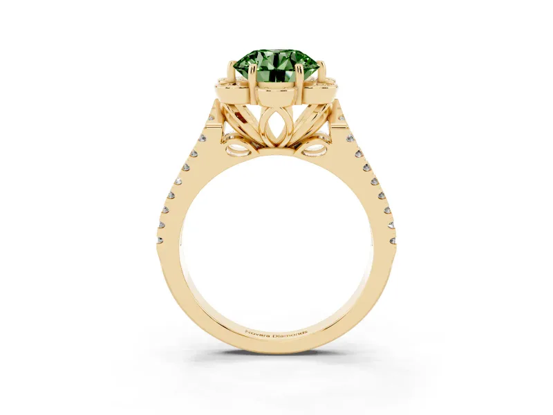 Round Floral Halo Engagement Ring Setting for a Fancy Green Lab-Grown Diamond | Pavé Split Shank | Yellow Gold