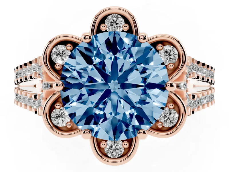 Round Petal Frame Floral Halo Engagement Ring Setting for a Fancy Blue Lab-Grown Diamond | Pavé Split Shank | Rose Gold