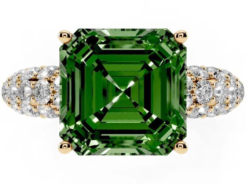 Asscher Cut Multi Row Pave Engagement Ring Setting for a Fancy Green Lab-Grown Diamond | Yellow Gold