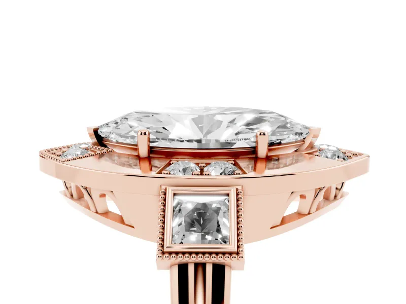 Marquise Milgrain Sectioned Halo Engagement Ring Setting | Square-Framed Sides | Rose Gold