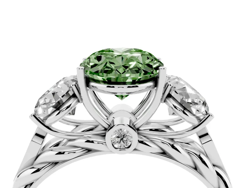 Fancy Green Oval Cut Diamond Three-Stone Ring Set in White gold with Braided Band