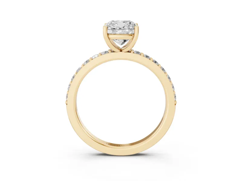 Cushion Cut Pavé Solitaire Engagement Ring Setting | Single Row Band | Yellow Gold