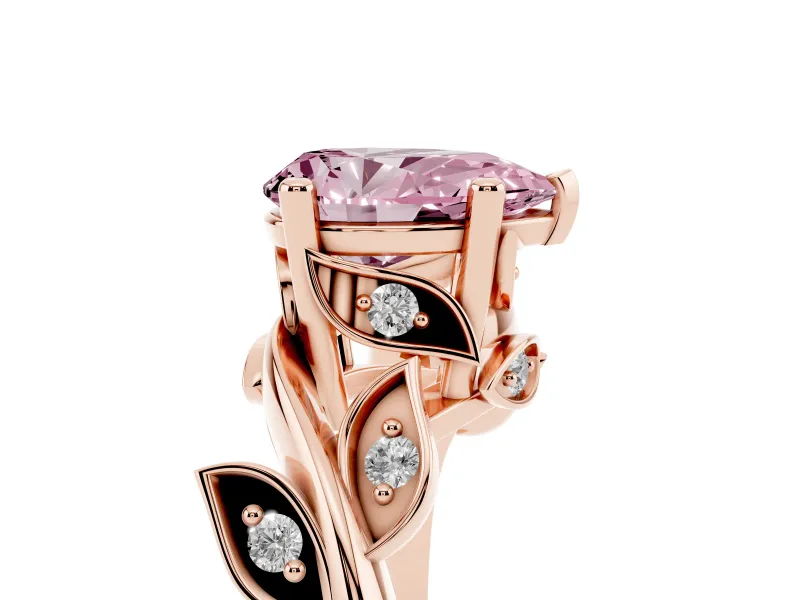 Fancy Pink Pear Cut Diamond Solitaire Twist Engagement Ring Set in Rose gold with Pavé Leaf Accents
