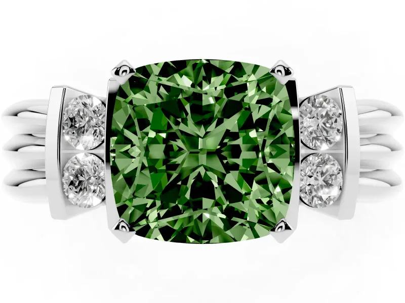 Fancy Green Three-Stone Cushion Cut Diamond Channel Set Ring Set in White gold with Bar Prongs