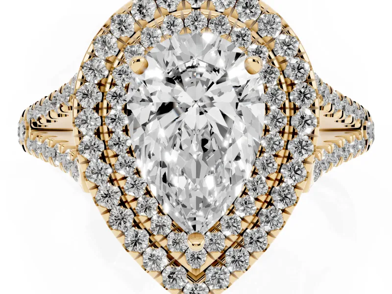 Pear-Shaped Double Halo Split Shank Engagement Ring Setting | Pavé Shoulders | Yellow Gold