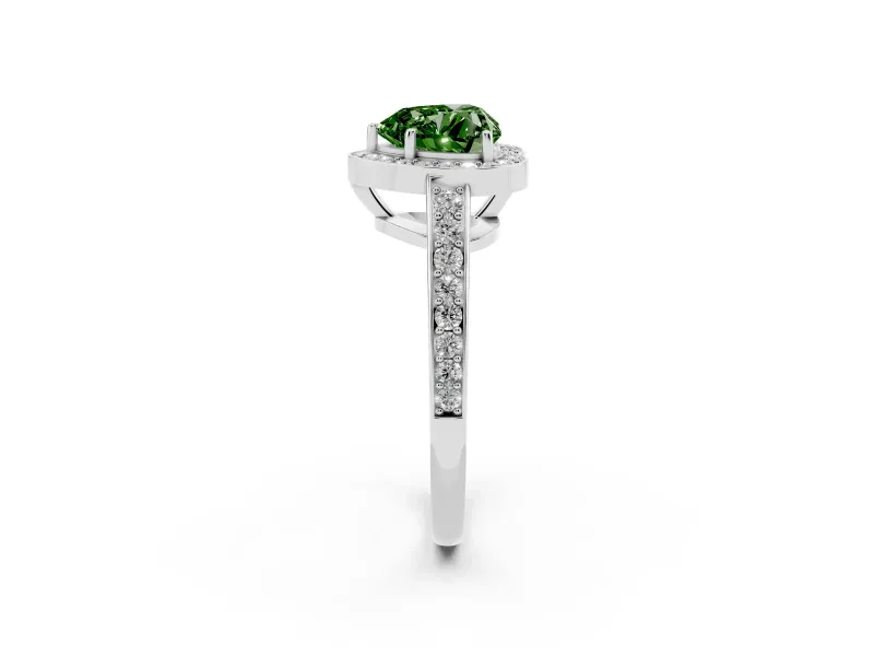 Fancy Green Heart Cut Diamond Halo Pavé Engagement Ring Set in White gold with Bezel Setting
